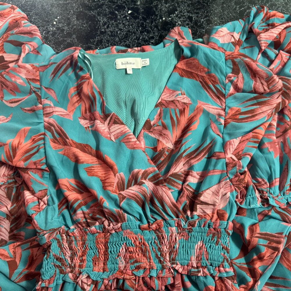 Bohme Maxi Tropical Aqua Print Knit Tiered Dress M - Picture 9 of 13